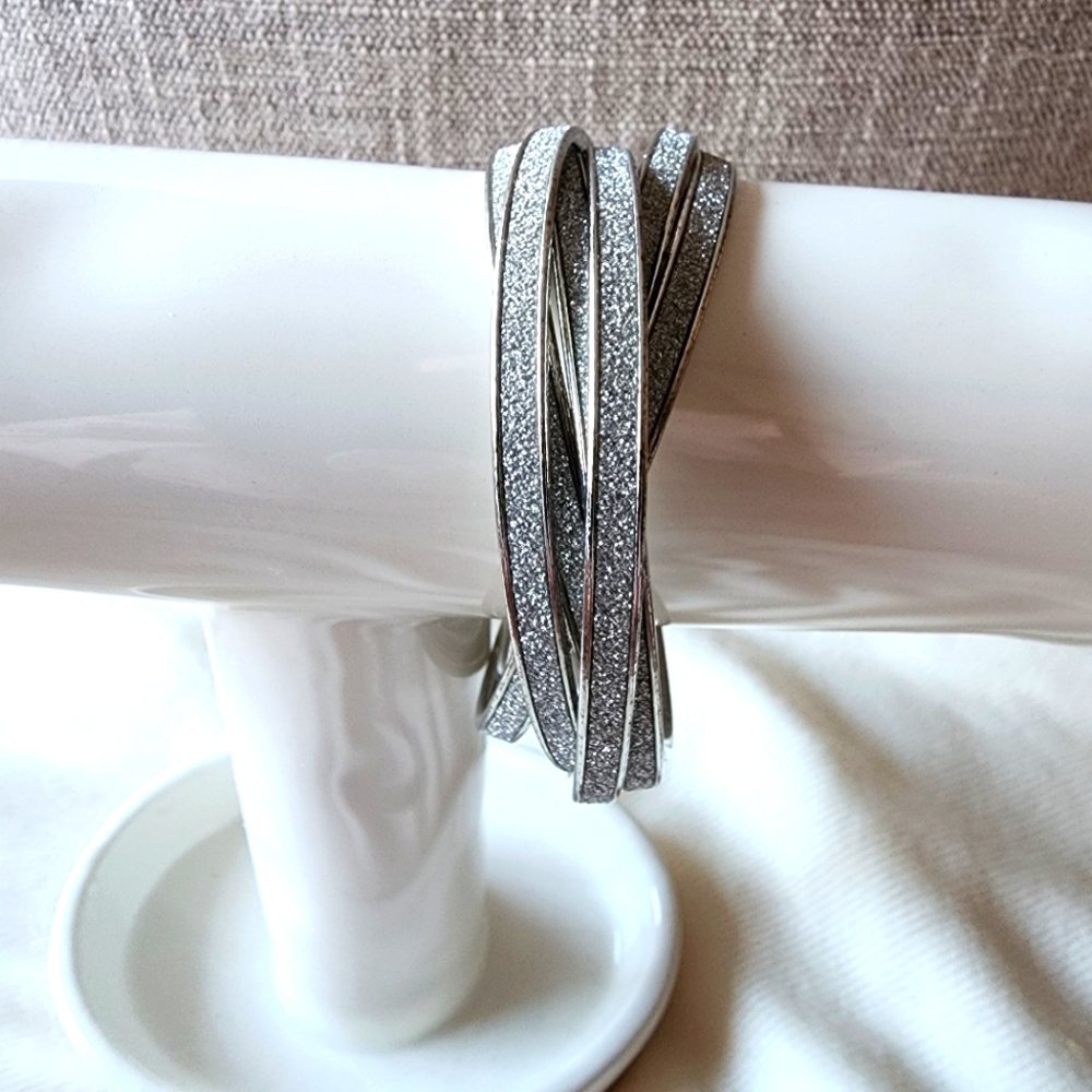 Set of Six Attached Silver Sparkle Bangle Bracelets
